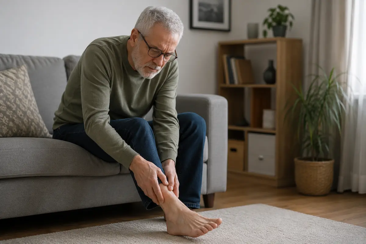 Person mit Polyneuropathie zu Hause im Alltag mit Sensibilitätsstörungen und Gangunsicherheit, unterstützt durch home4motion.