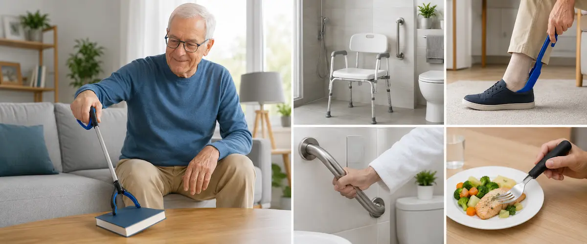 Alltagshilfsmittel für Toilette und ein Mann sitzt