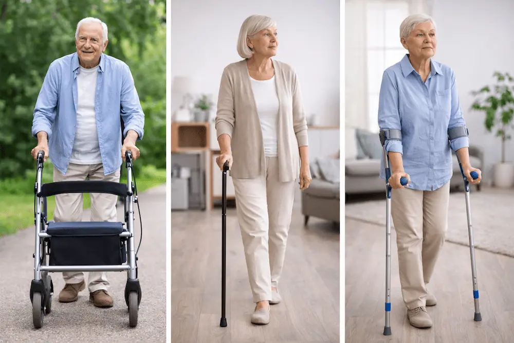 Zwei Frauen mit Gehhilfe und ein Man mit Rollator