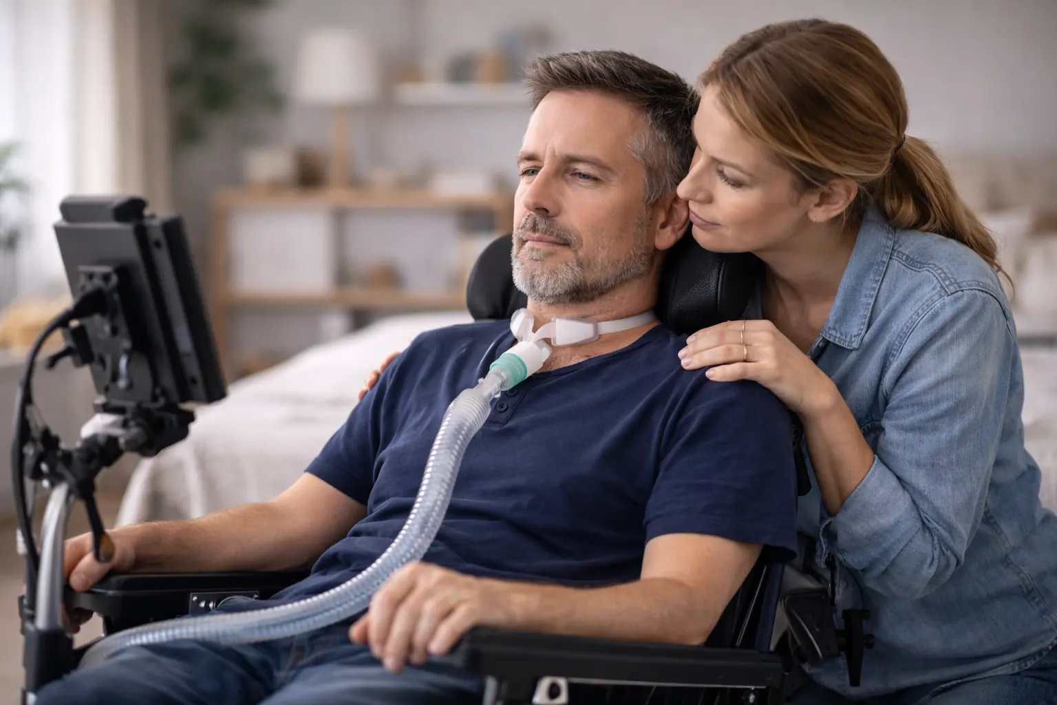 Person mit ALS im häuslichen Umfeld im Alltag mit fortschreitender Muskelschwäche und eingeschränkter Bewegung, begleitet durch home4motion.