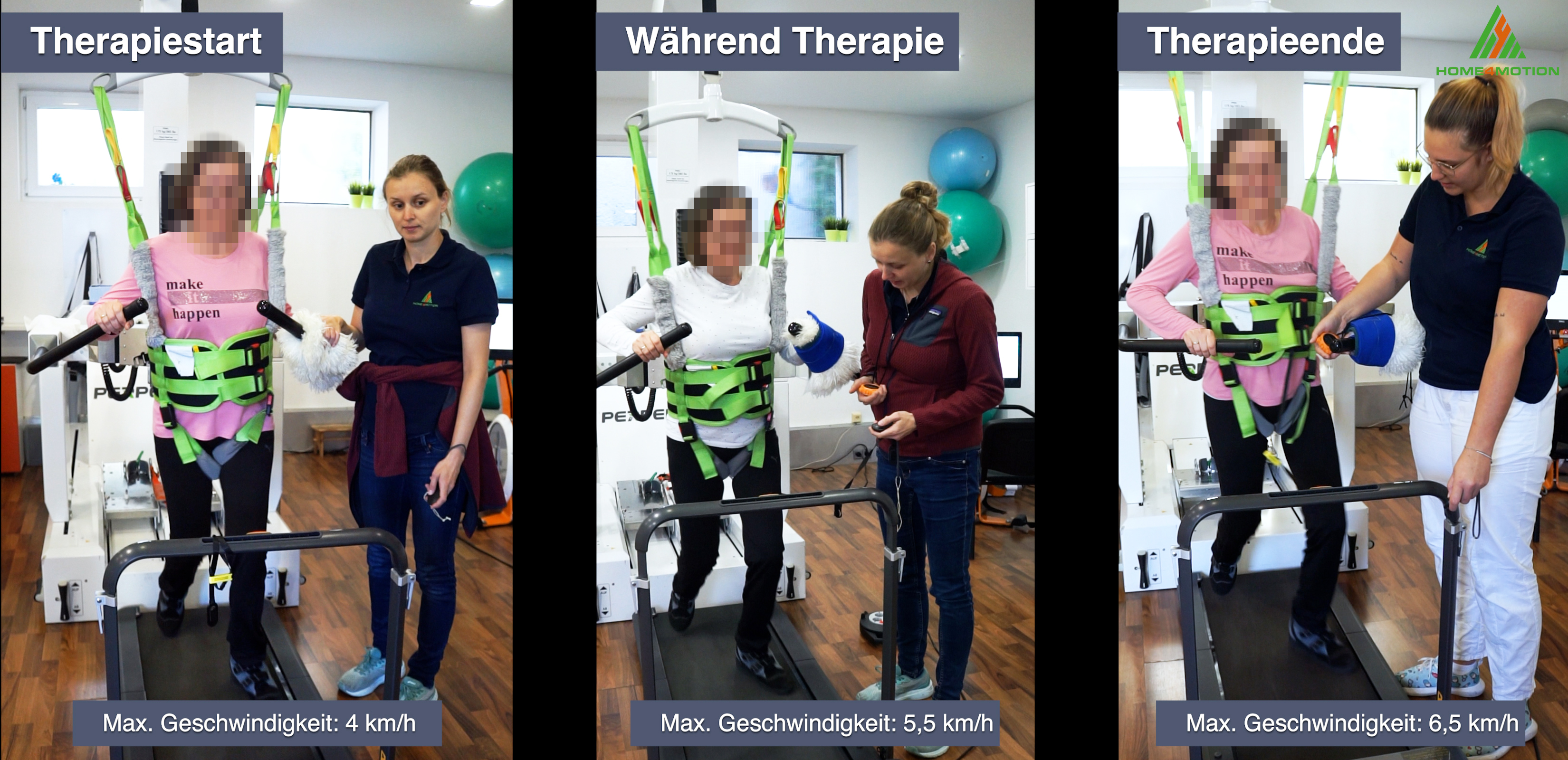 Vorher-während-nachher Video Vergleich am Laufband, Klientin und Therapeutin